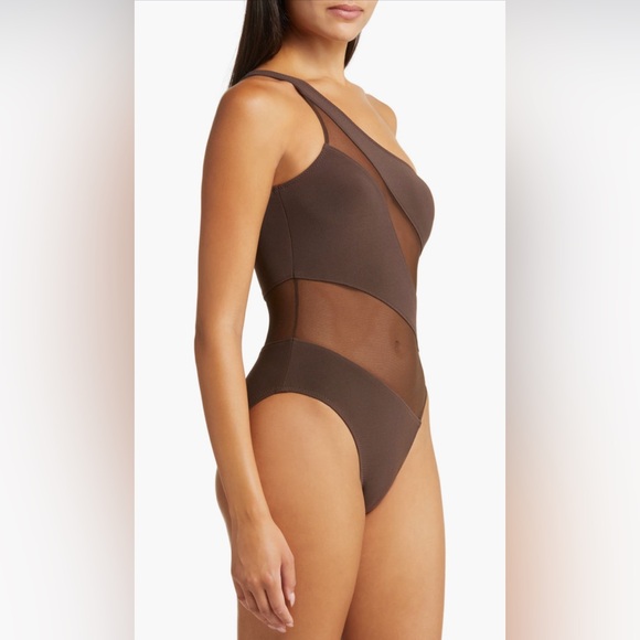 Norma Kamali Snake Mesh One-Shoulder Swimsuit,Chocolate/Chocolate Mesh, L, $245 - Picture 4 of 11